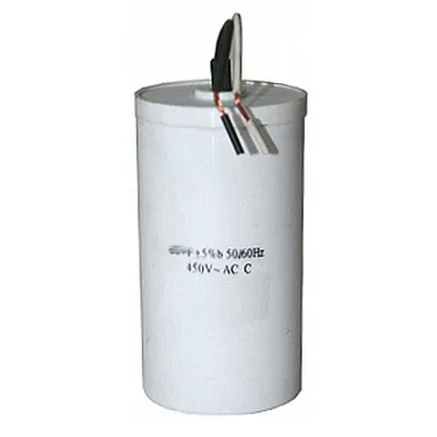 A white cylindrical capacitor with three wires protruding from the top.