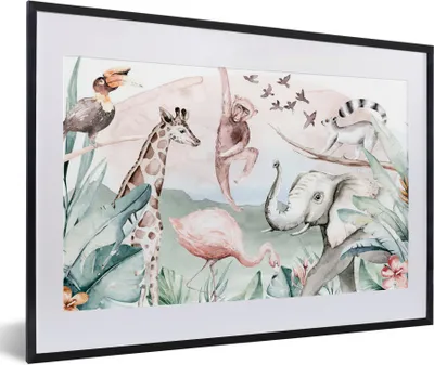 Produktbild von MuchoWow® MuchoWow® Gerahmtes Poster Dschungel - Tiere - Aquarell - Jungen - Mädchen - Kinder - Kinder 60x40 cm - Poster mit zchwarzem Bilderrahmen - Schlafzimmer - Plakat in Rahmen - Drucken
