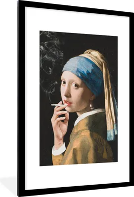 Produktbild von MuchoWow® MuchoWow® Gerahmtes Poster Mädchen mit Perlenohrring - Johannes Vermeer - Zigaretten 60x90 cm - Poster mit zchwarzem Bilderrahmen - Dekoration - Wandposter Wohnzimmer - Hochwertig