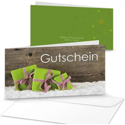 Produktbild von Logbuch-Verlag 10 Gutscheine Weihnachten Kundengutschein Geschenkgutschein 21 x 10,5 cm DIN MIT KUVERT Einkaufsgutschein weihnachtlich hell grün weiß rot5 Stück