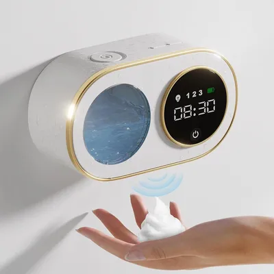 Produktbild von Automatischer Schaumseifenspender Weiß, 1 Stück, HD-LED-Digitaluhr, Wasserdicht IPX5, Für Bad Und Küche