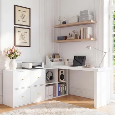 Productafbeelding van Bureau, 360° draaibaar, L-vormig/rechthoekig, met 4 vakken, 4 lades (wit)