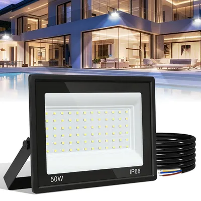 Image de Projecteurs LED Vigevee pour extérieur, 50W, indice de protection IP66, angle d'éclairage 120°, lumière blanche froide 6000K, câble de 1 mètre sans prise, lot de 10