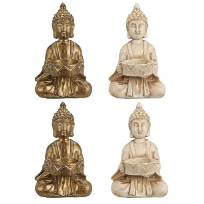 Produktbild von 4er Set Buddha Teelichthalter Höhe 14 cm aus Harz Gold und Weiß Teelicht Halter Kerzenhalter
