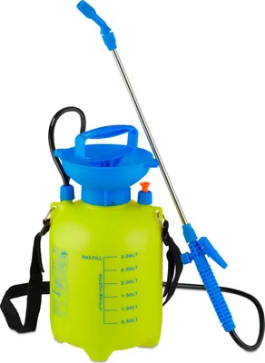 Produktbild von Relaxdays Drucksprüher mit Lanze, 3 Liter, verstellbare Düse, Pflanzenpflege & Reinigung, Sprühflasche Garten, gelb/blau