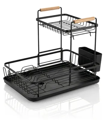 Produktbild von Arendo Geschirrabtropfgestell 2 Etagen, Abtropfgestell, Geschirrständer, Geschirrtrockner, Auffangschale, Metall, groß, Holzgriffe, 360° Ablauf, Glashalter, Besteckhalter