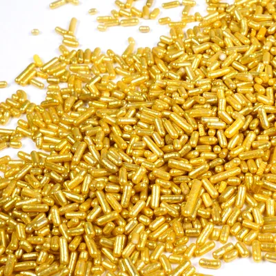 Produktbild von Streuselheld Jimmies Gold Glanz 40g mit glänzendem Metallic Schimmer als essbare Streudeko für festliche Tortendeko und Kuchendeko
