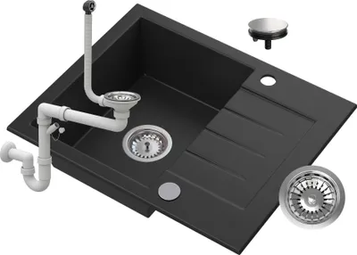 A black granite sink with its plumbing accessories and drain components is displayed against a white background.