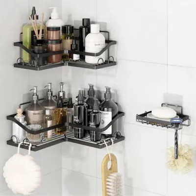 Produktbild von PromoHome® Eckduschregal Set – 3 Stück Schwarzer Badezimmer-Organizer mit Seifenhalter und Haken