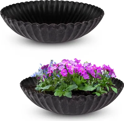 Produktbild von Runde Pflanz-Schalen gewellt für draussen schwarz marmoriert 28 cm