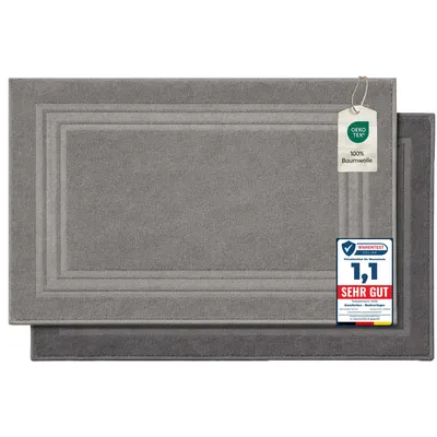 Produktbild von Komfortec Badvorleger Set 2 Teilig, Frottee Duschvorleger, Waschbar Duschmatte & Badteppich, 600 g/m² &100% Baumwolle, Saugfähig & Schnelltrocknend, 50 x 70 cm, Anthrazit Grau/Silber