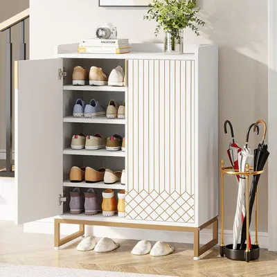 Image de Armoire à chaussures avec 2 portes et 5 étagères, meuble de rangement en bois moderne pour l'entrée