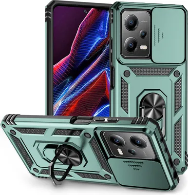 Image de Xiaomi Redmi Note 12 Pro 5G étui double couche avec couvercle coulissant pour l'appareil photo et support annulaire vert