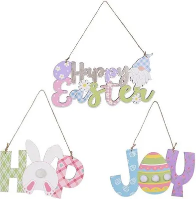 Image de Six décorations en bois à suspendre – Lapin de Pâques, Joyeux Pâques, Décoration simple