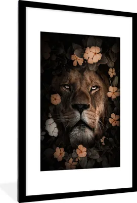 Produktbild von MuchoWow® MuchoWow® Gerahmtes Poster Dschungel - Löwe - Blumen 60x90 cm - Poster mit zchwarzem Bilderrahmen - Dekoration - Wandposter Wohnzimmer - Hochwertig