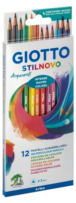 Productafbeelding van Giotto Stilnovo Aquarelverfset, 12 stuks, Zwart, Blauw, Bruin, Azuurblauw, Groen, Lichtgroen, Paars, Oranje, Roze,..., Zeshoekig, Hout, 3,3 mm, CE, EN 71/1, 2, 3