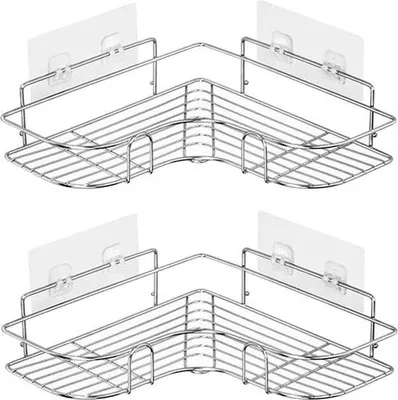Image de Étagère de douche d'angle Unyqoos® en acier inoxydable 304, à fixer au mur avec un système d'adhésion, lot de 2 pour angles à 90°, couleur argent, capacité jusqu'à 15 kg