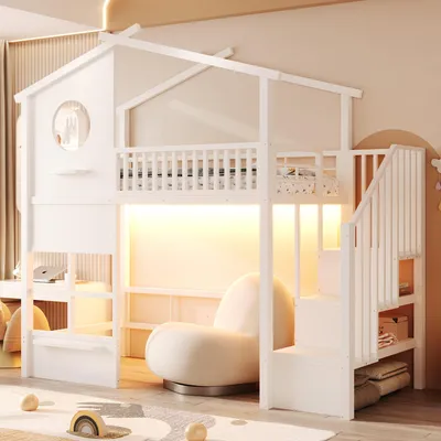 Image de Lit superposé Merax, modèle cabane, 90x200 cm, avec escalier de rangement, barrière de sécurité, éclairage LED, structure en fer et bois, couleur blanche