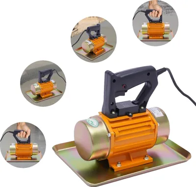 A collage of images showing a concrete vibrator from different angles and in use.