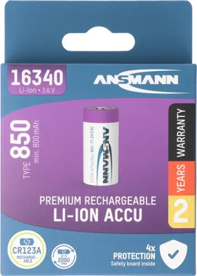 Obrázok produktu pre Ansmann Li-ion batéria CR123A, 16340, 3,6 V až 3,7 V, 850 mAh 17 × 17 × 35 mm s ochranným obvodom