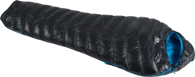 A black sleeping bag with blue interior, lying on a white background.