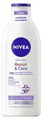 Obrázek produktu pro NIVEA Repair & Care, Tělové mléko, Hydratující, Vyživující, Vyhlazující, Citlivá pokožka, Velmi suchá pokožka, 400 ml, Glycerin, Pantenol, Láhev