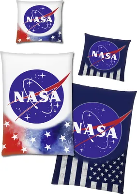 A collage of NASA-themed bedding items, including pillowcases and a duvet cover, featuring the NASA logo and American flag motifs.