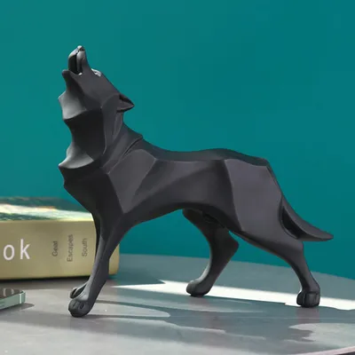 Abstrakte Wolfskulptur aus Harz, 24 x 19 cm, Schwarz