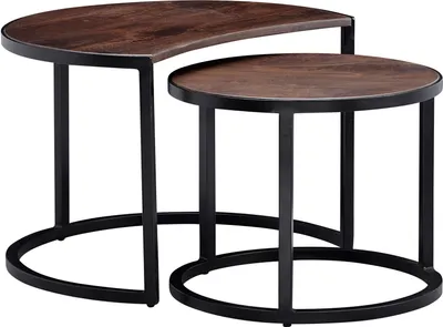 Produktbild von Couchtisch 2er Set Mango Massivholz / Metall Wohnzimmertisch Rund | Industrial Beistelltisch mit Metallbeine Schwarz | Tischset 2-teilig Satztisch Holz
