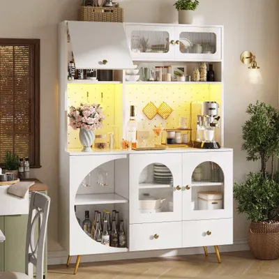 Produktbild von Hochschrank mit LED-Licht, USB-Anschlüssen & Steckdosen, ideal als Küchen- oder Wohnzimmer-Schrank, inkl. Lochwand, Schublade & Glasregale,Weiß