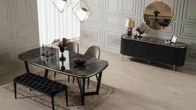 Produktbild von Modern 8tlg.Esszimmer Set Esstisch 4x Stühle Anrichte Spiegel Bank neu