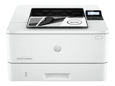 A white HP LaserJet Pro 4002dne printer is shown from the front, with a document in the paper feeder.