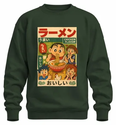 Immagine prodotto di Felpa con cappuccio, stile giapponese anime anni 2000, con motivo "Ramen al pollo", colore verde bottiglia, taglia L