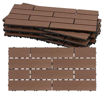 Immagine prodotto di Eikuavons, piastrelle per terrazza in WPC, 8 m², 30 x 60 cm, 48 pezzi. Listelli per terrazza con 10 listelli effetto legno, ideali per pavimentare giardini, balconi e terrazzi, con sistema di drenaggio e sistema di incastro, colore marrone