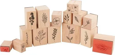 Produktbild von Set von 15 Holzstempeln mit Blätterthema - Bastelset