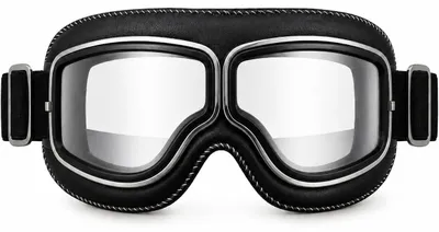 Paar schwarze Retro-Motorradbrillen mit klaren Gläsern und genähtem Lederrahmen, verstellbar