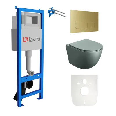 Produktbild von Lavita LAV 101 Vorwandelement für WC 40cm + Wand Hänge Tiefspül WC SINTO Grau Spülrandlos + Bedienplatte LAV 200.3.5 Gold | Komplettset | Unterputz Spülkasten | Toilette Komplett Sett