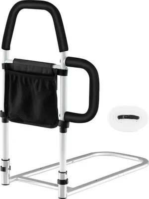 A bed assist rail with a storage pouch and a strap.