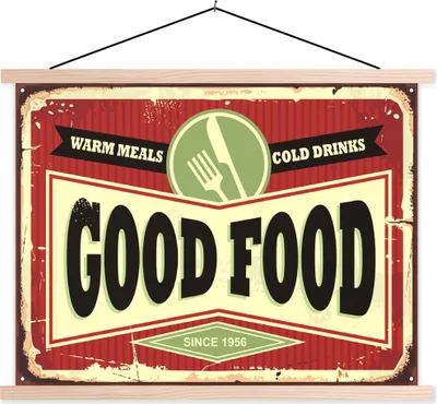Produktbild von MuchoWow® Textilposter Essen - Jahrgang - Restaurant - Zeichnung 150x113 cm mit holzfarbenen Rahmen - Poster