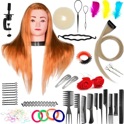 Productafbeelding van Set trainingshoofd Aneta 55 Brass, synthetisch haar + 80 accessoires + houder, kappersoefenhoofd, oefenhoofd