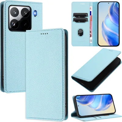 Produktbild von Litchi Leder Handyhülle für Xiaomi 15 Pro Wallet Kartenfächer Standfunktion Hülle Hellblau