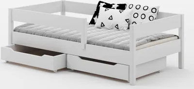 Produktbild von Kinderbett Lina 180x80 Kinderbett mit Rausfallschutz & Lattenrost weiß 80 x 180 für Mädchen und Jungen Massivholz Kiefer, ohne Matratze, mit Schubladen