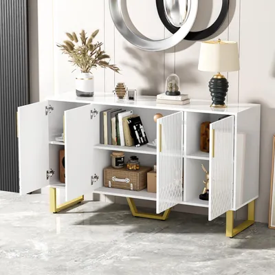 Produktbild von MODFU sideboard 140L×40B×80H,Aufbewahrungsschrank mit 4 Türen,Metallgriffe und -beine,geometrisches Design,Weiß