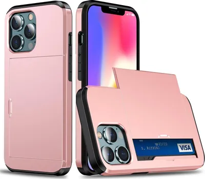Produktbild von Mobigear Card Hülle für iPhone 13 – Hartschalenhülle, Rückseite, stoßfest mit Kartenhalter – Roségold