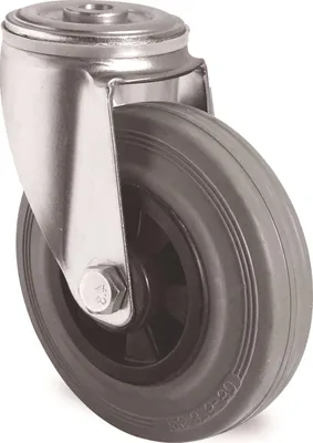 Immagine prodotto di Ruota girevole - 100 mm, portata 75 kg, fissaggio con foro posteriore, polipropilene, cuscinetto a rulli, gomma piena, grigio