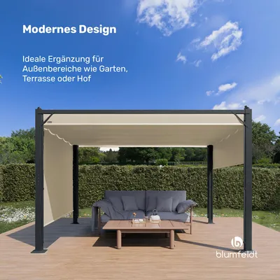 Produktbild von Blumfeldt Pantheon Cortina Pavillon 3x4 m – Aluminiumrahmen, Verstellbares Dach & Seitenrollos, Wetterfest & Stabil, Beige/Schwarz
