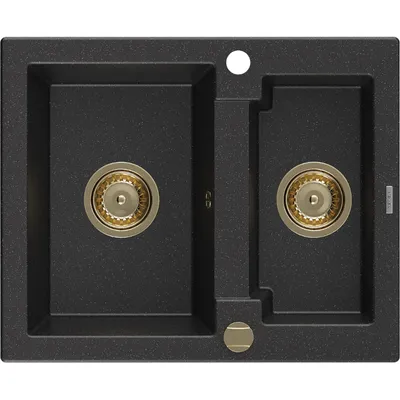 Obrázek produktu pro Mexen Carlos 1,5-miskový granitový dřez 582 x 475 mm, Černá/Stříbrná kovová, sifon Zlatá - 6518581500-73-G