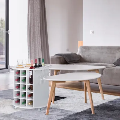 Produktbild von Relaxdays Weinregal auf 360° drehbaren Rollen, 6 Glashalter, Weinaufbewahrung für 17 Flaschen, rund, HxD: 56x54cm, weiß
