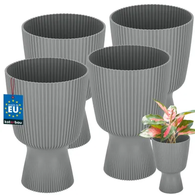 Zdjęcie produktu dla KOTARBAU® 4 szt. Doniczka Kielich Ø 14 CM Donica Ryflowana PVC Doniczka na Nóżce Wysoka W: 21 cm Szara