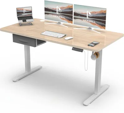 Image de Bureau électrique réglable en hauteur, avec ports USB, dimensions 140x60 cm, blanc, fonction mémoire et crochets